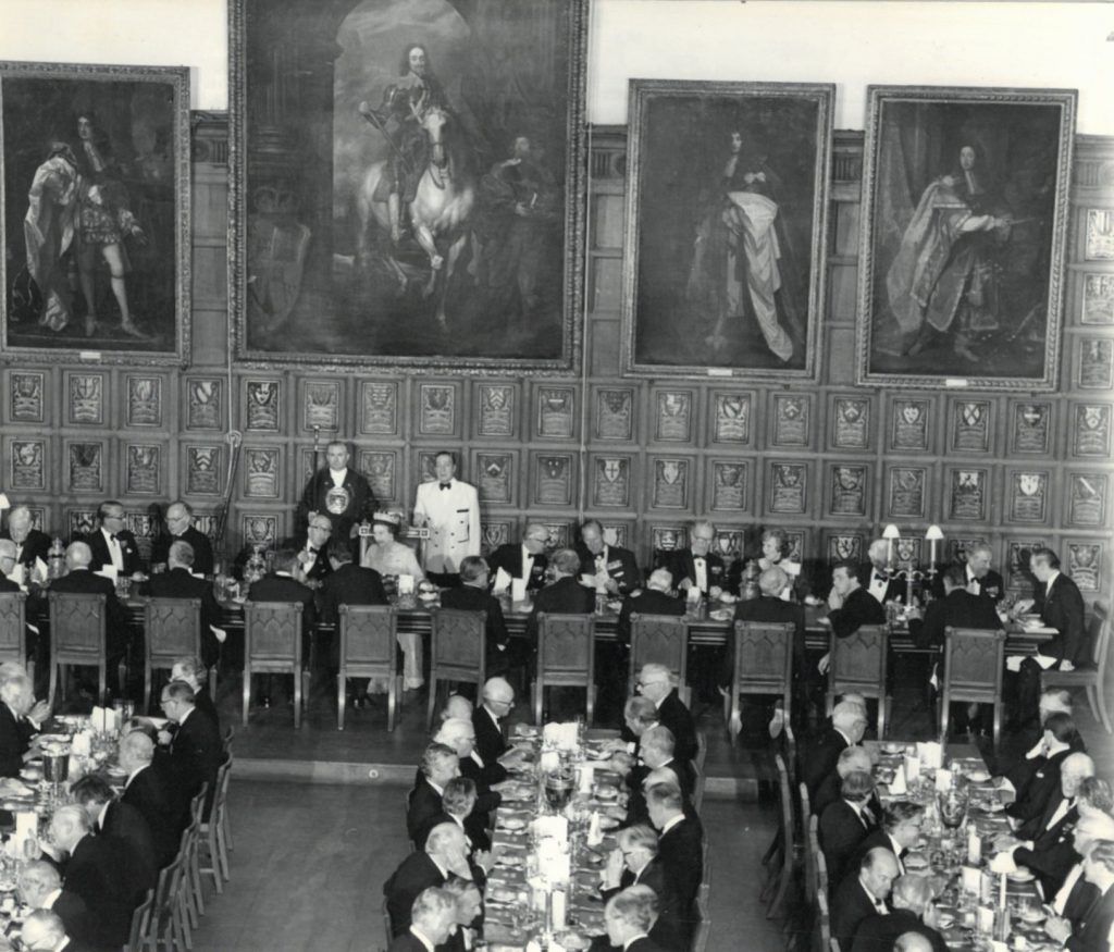 Her Majesty Queen Elizabeth II attending a banquet in Hall for the Octocentenary of Temple Church, Monday 18 February 1985